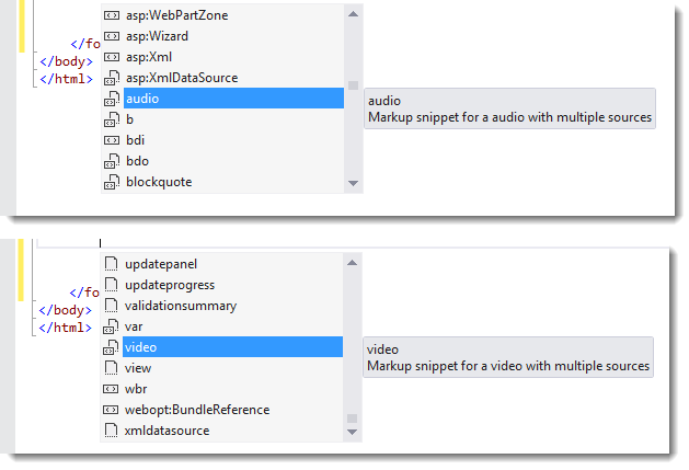 Figure 10: IntelliSense provides support for HTML5 tags like audio and video.