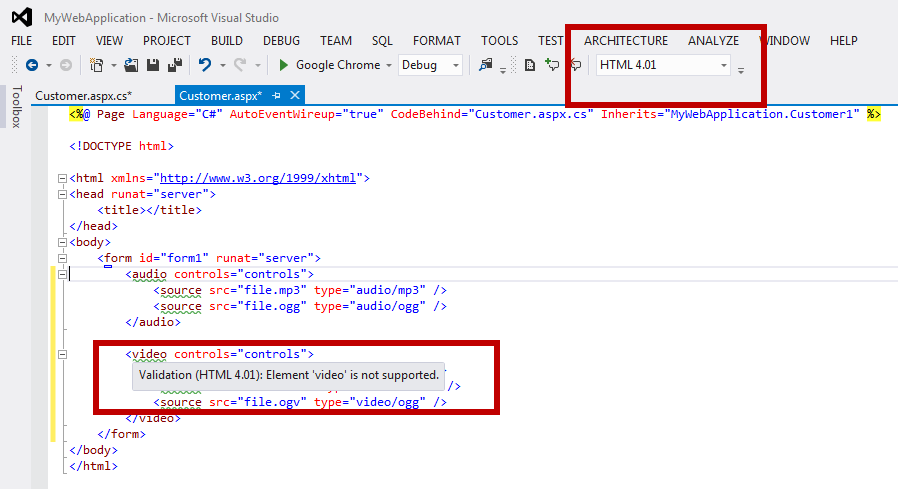 Figure 11: Visual Studio 2012 will tell you if you if tags are not supported for an earlier version of the HTML DOCTYPE.