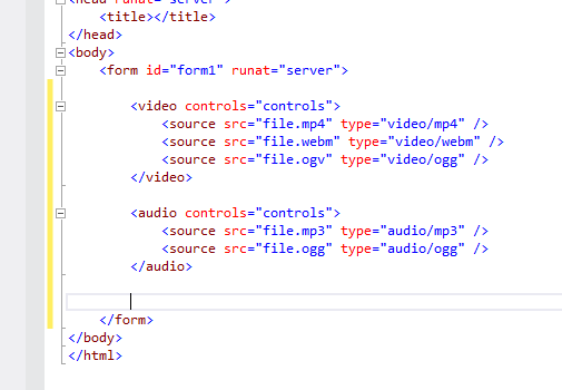 Figure 12: Visual Studio 2012 includes snippets for the video and audio HTML5 elements.