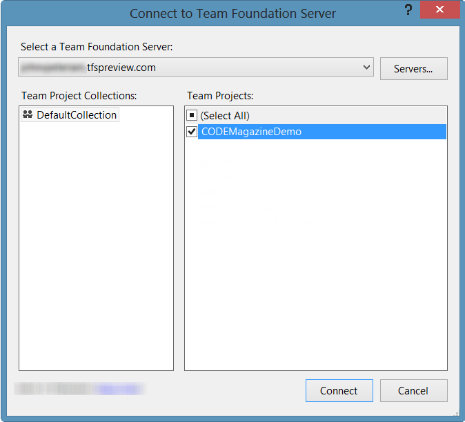 Figure 11: Connect to Team Foundation Server. 