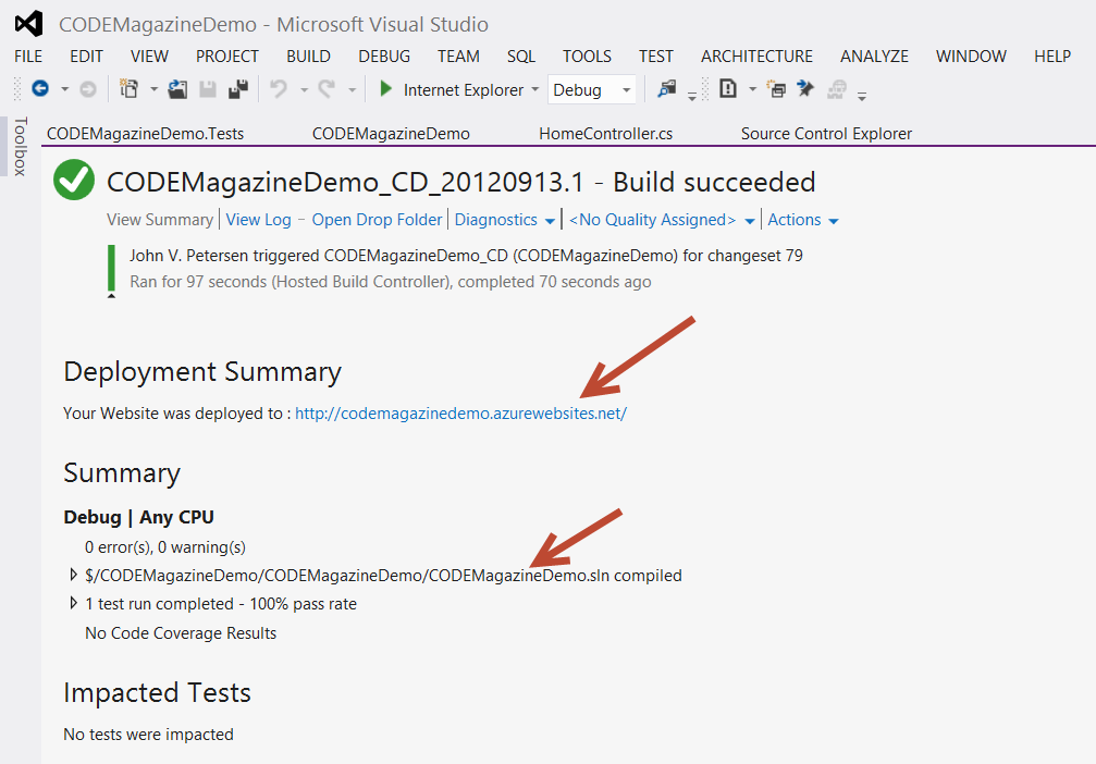 Figure 15: Build log summary showing that tests were run and site was deployed to Azure.