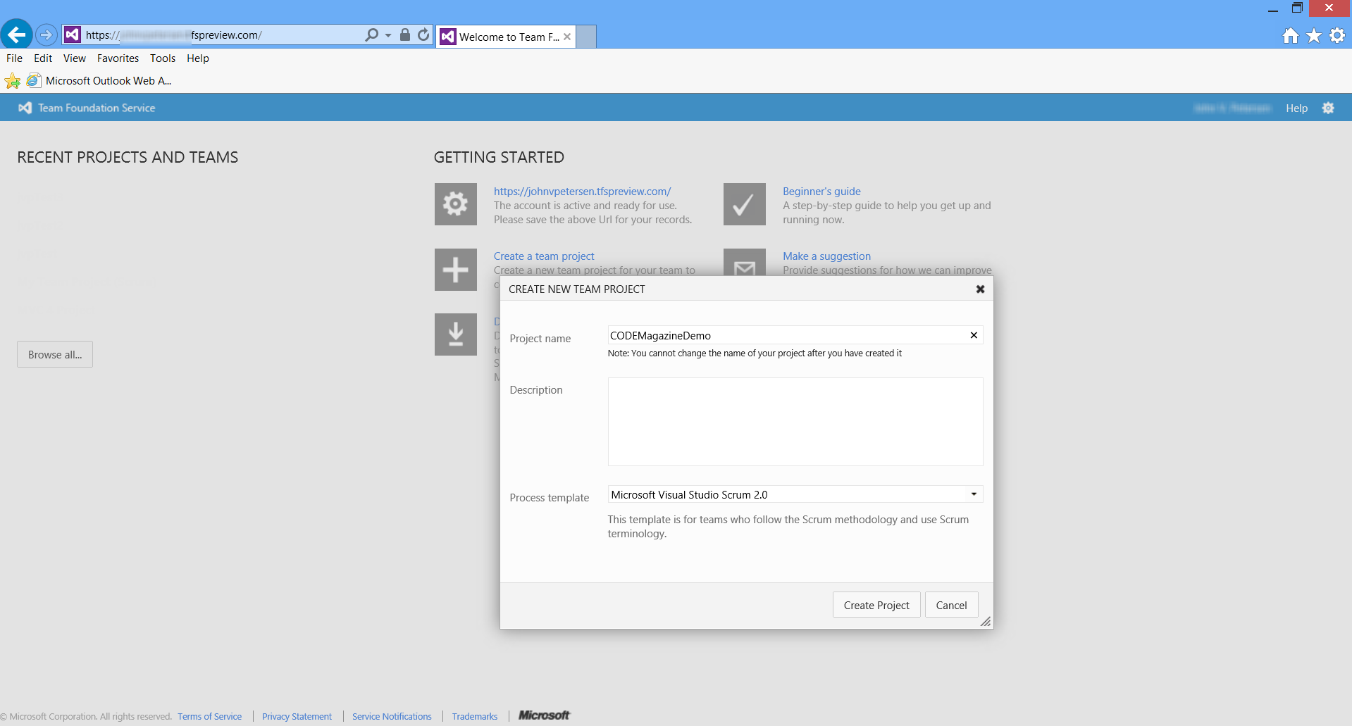 Figure 2: The Create New Team Project dialog box in the TFS 2012 Preview.
