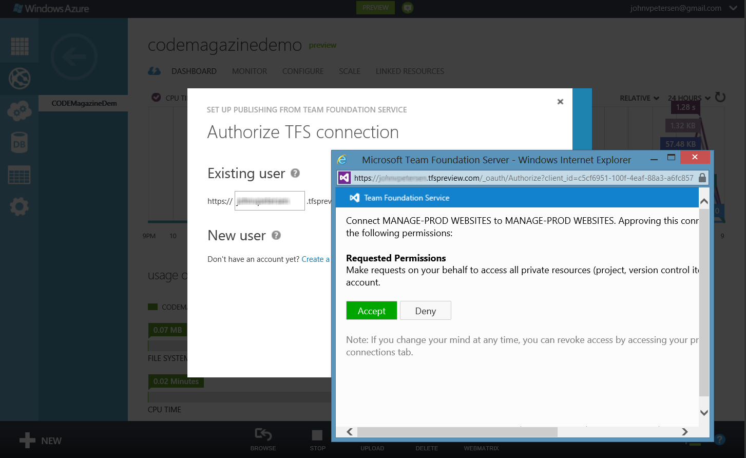 Figure 9: Azure uses oAuth to access TFS.