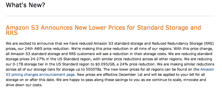 Figure 1: Lower prices announcement for Amazon Web Services S3.