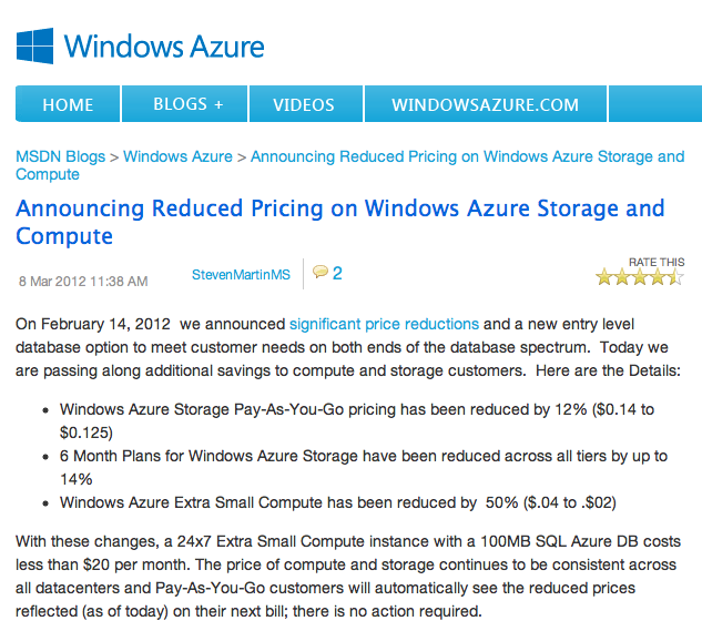 Figure 2: A similar lower price curve for Windows Azure.