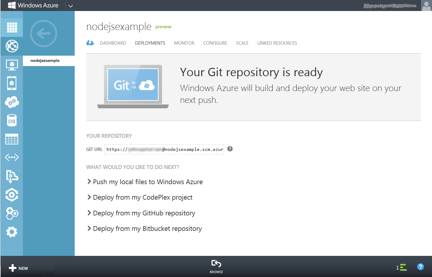 Figure 7: The nodejsexample Azure website Git repository.