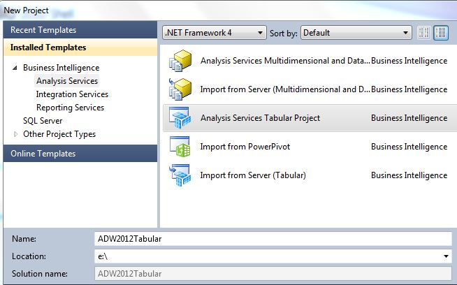 Figure 1: Creating a new Analysis Services Tabular Project in SQL Server Data Tools.