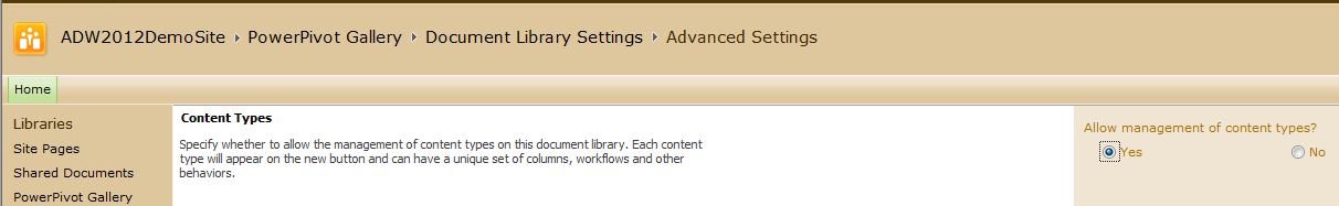 Figure 21: To create a connection in SharePoint to a BI Semantic Model, you must go into the Document Library Settings.
