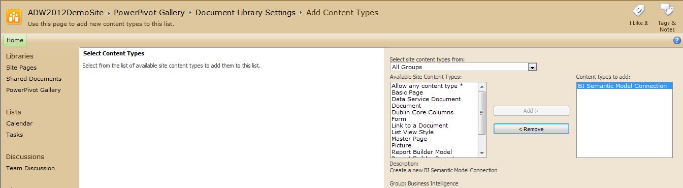 Figure 22: In the Document Library Settings, you must add BI Semantic Model content.