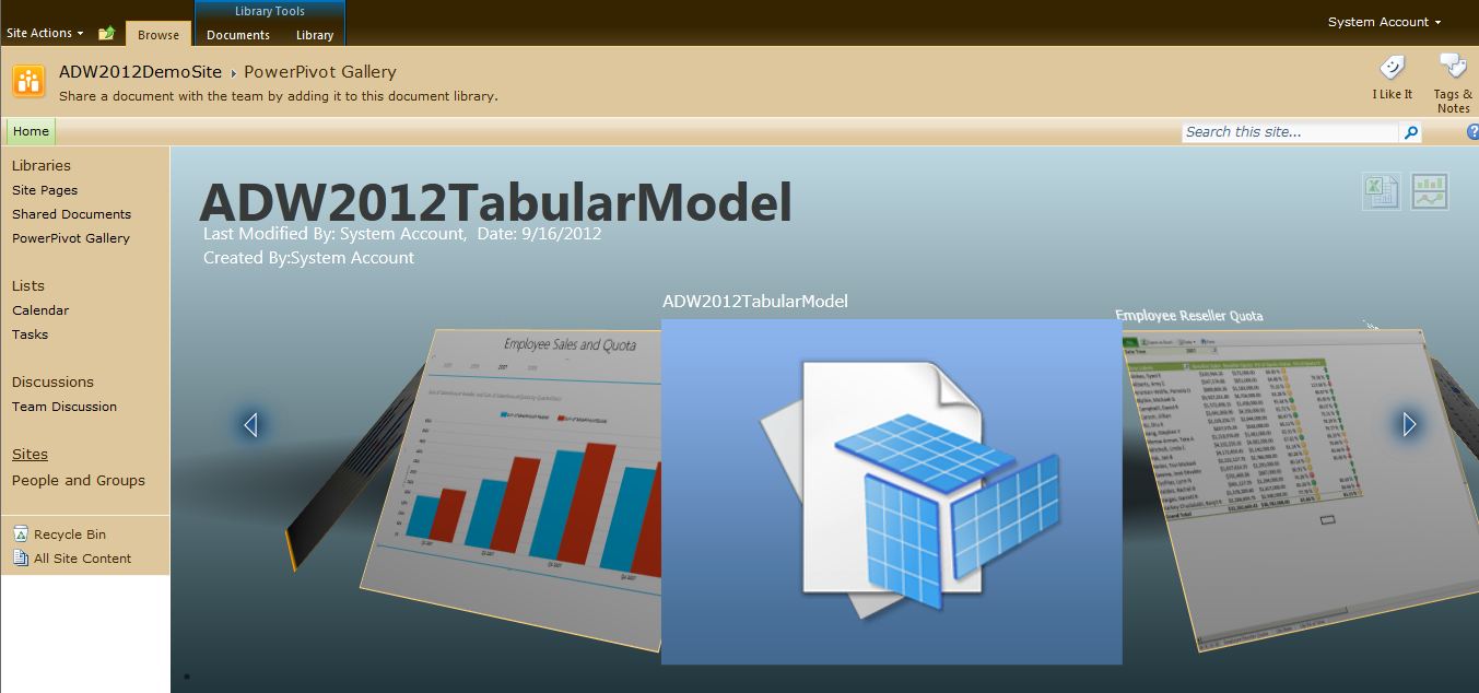 Figure 26: A SharePoint Site Collection Library with tabular model content.