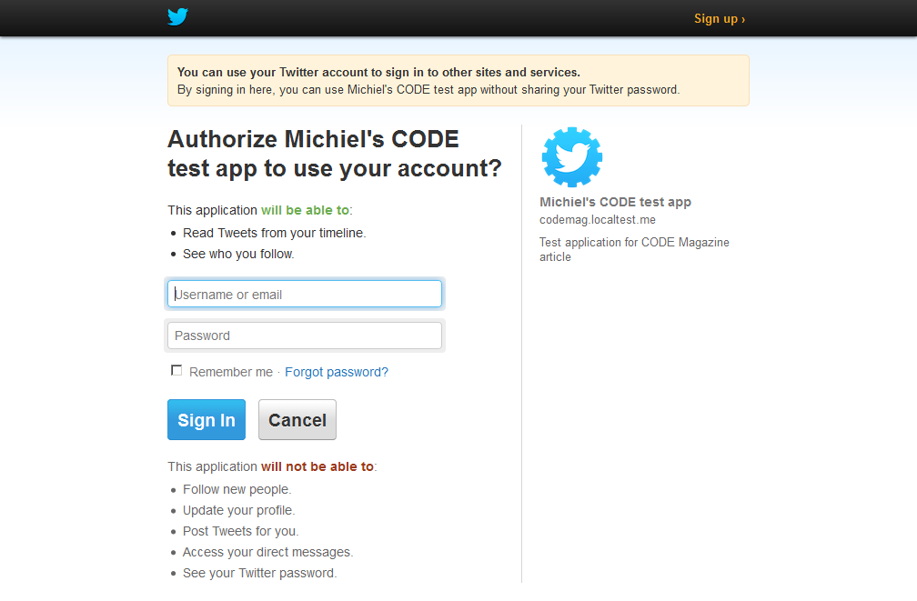 Figure 5: Twitter displays information about the application, and what the application can do on behalf of the user.