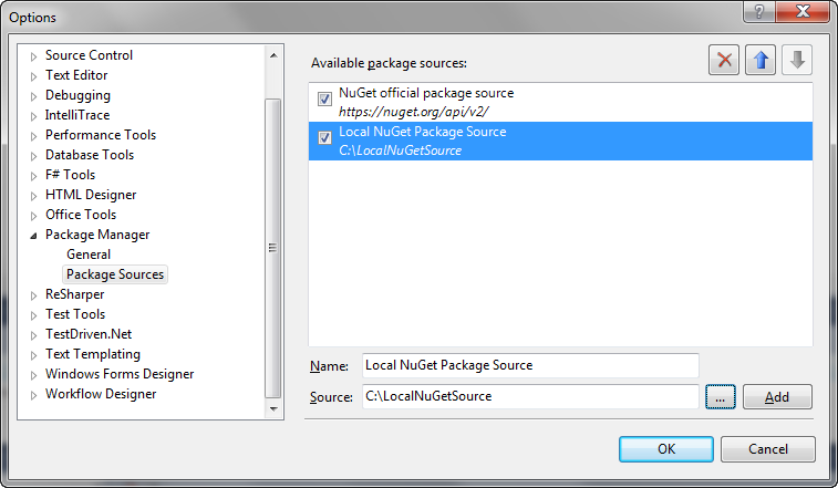 Figure 3: You can specify NuGet Package sources in the Package Manager Settings.