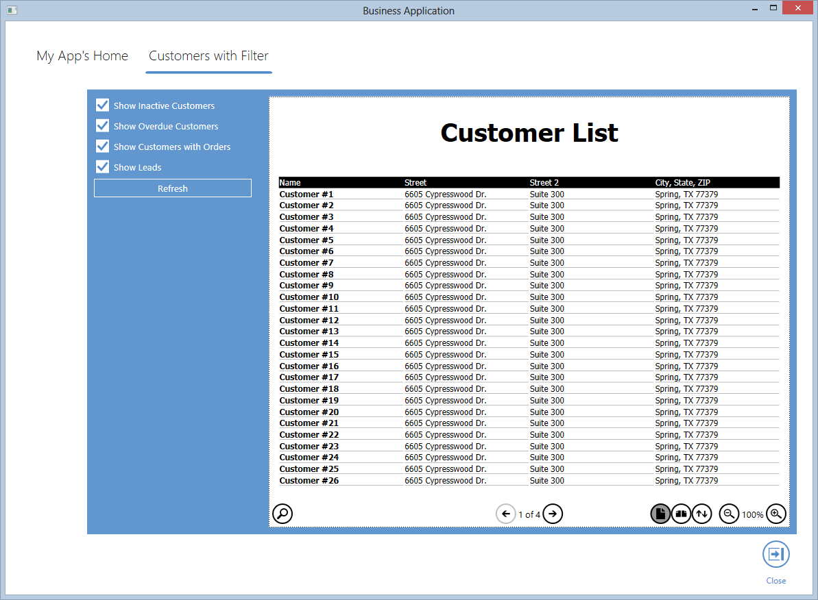 Figure 3: The customer list completely integrated into a standard WPF UI. The document dynamically refreshes since it is bound to the same data that the main UI manipulates.