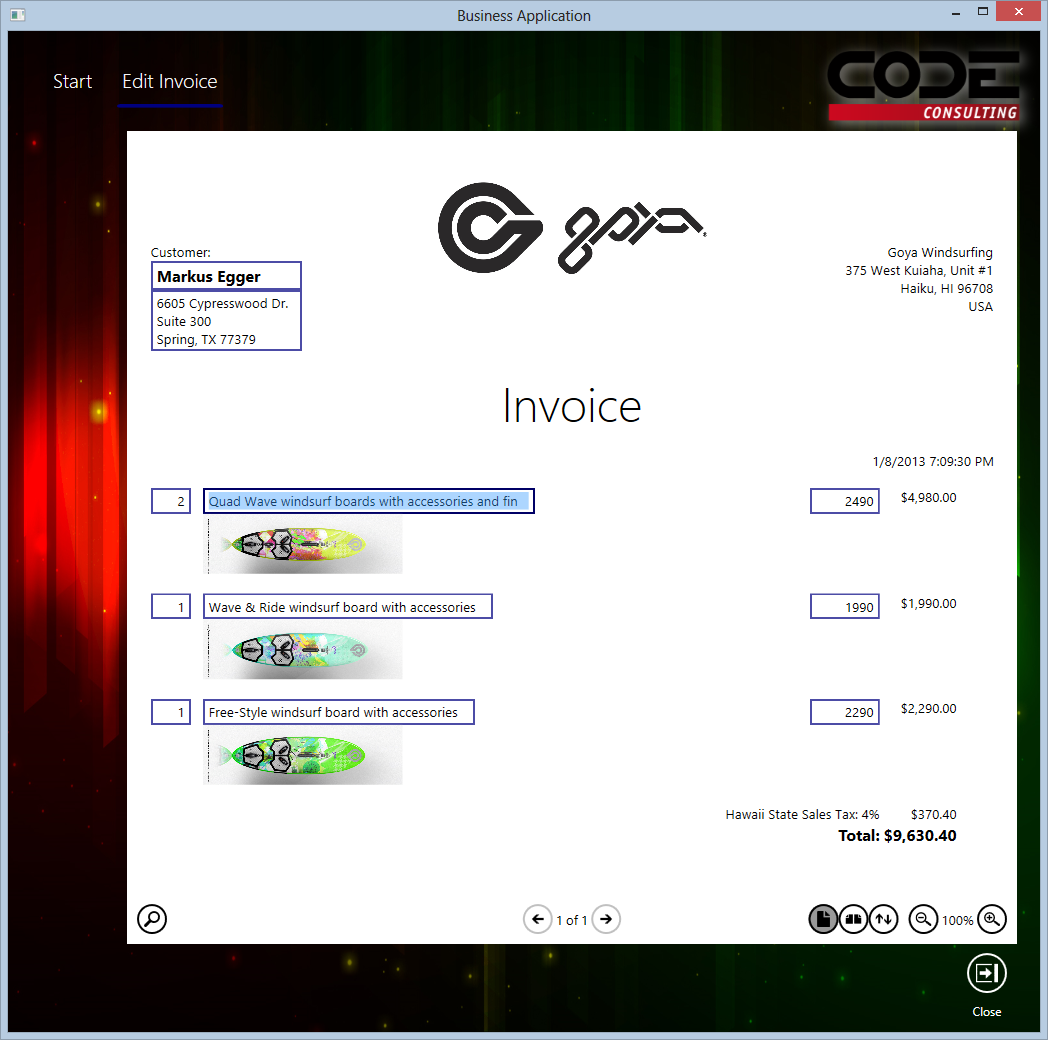 Figure 9: The same invoice as in Figure 5, but this time as an editable user interface.