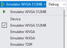 Figure 2: Shown are the default emulator options for a Windows Phone 8 App. 