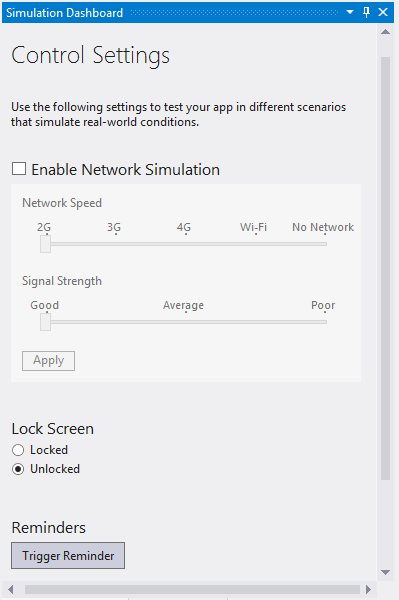 Figure 3: The Simulation Dashboard for Windows Phone apps allows for testing in various conditions.