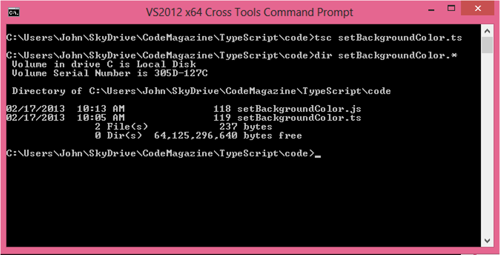 Figure 3: TypeScript ts files are compiled from the command line with the tsc command.    
