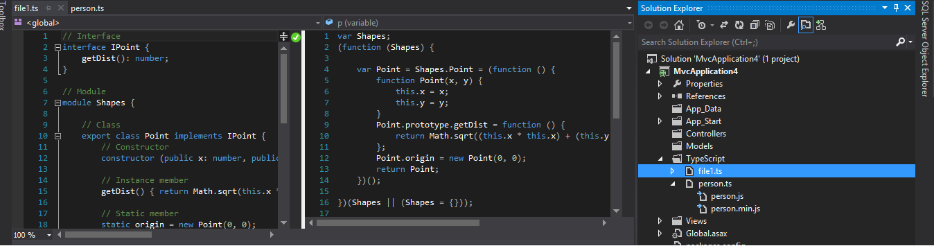 Figure 9: With Web Essentials, Visual Studio supports a dual pane to view both the TypeScript and compiled JavaScript code.