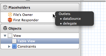 Figure 20: The dataSource and delegate Outlets are linked to the File's Owner.