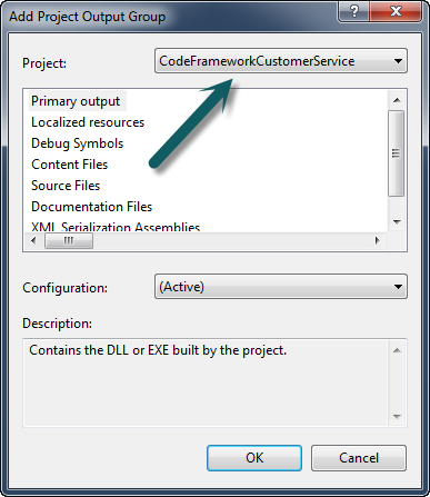 Figure 25: Add the CodeFrameworkCustomerService to the Project Output group. 
