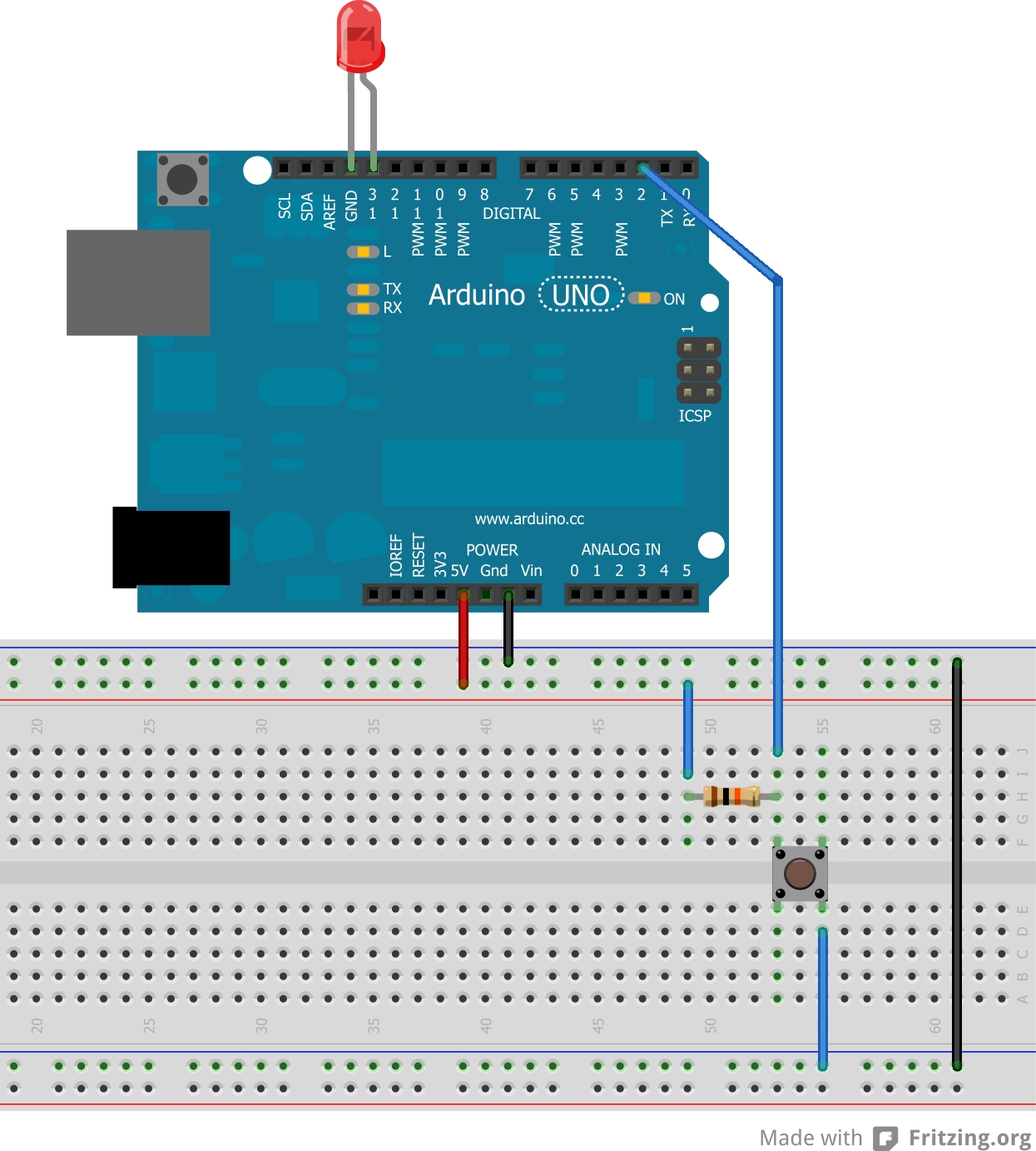 Figure 7: Use a breadboard to connect a pushbutton and its pull-up resistor to your Arduino.