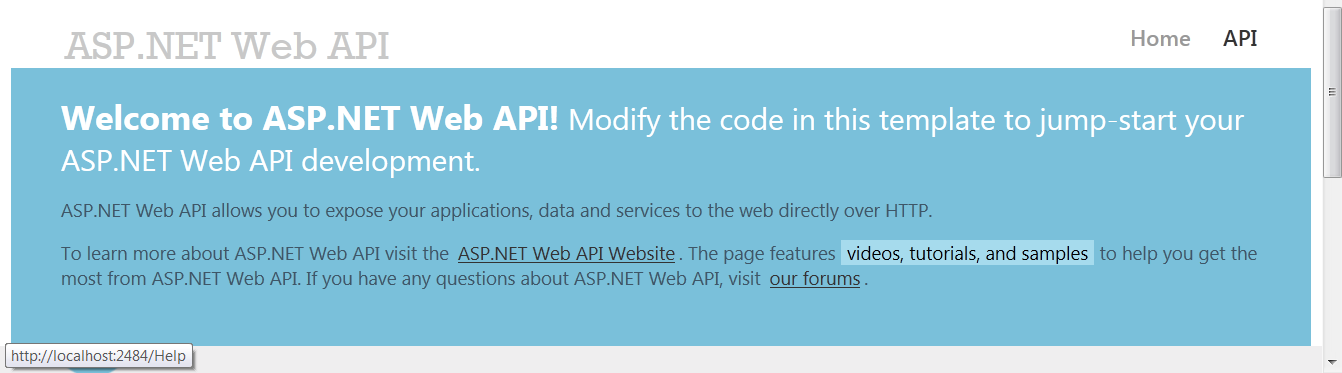 Figure 10: The Web API home page contains a link to the Help page. 