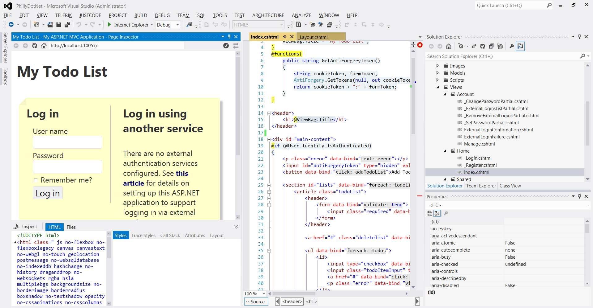 Figure 14: The Page Inspector presents the live site within the Visual Studio IDE.  