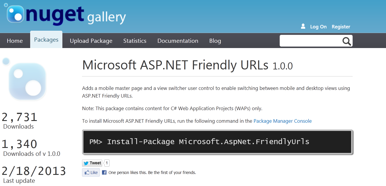 Figure 5: The ASP.NET friendly extension-less URL is available as a separate NuGet Package. 