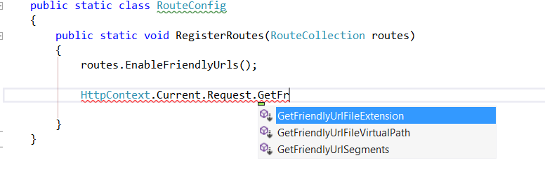 Figure 6: The friendly extension-less URL feature is wired up in the App_Start\RouteConfig.RegisterRoutes method.   