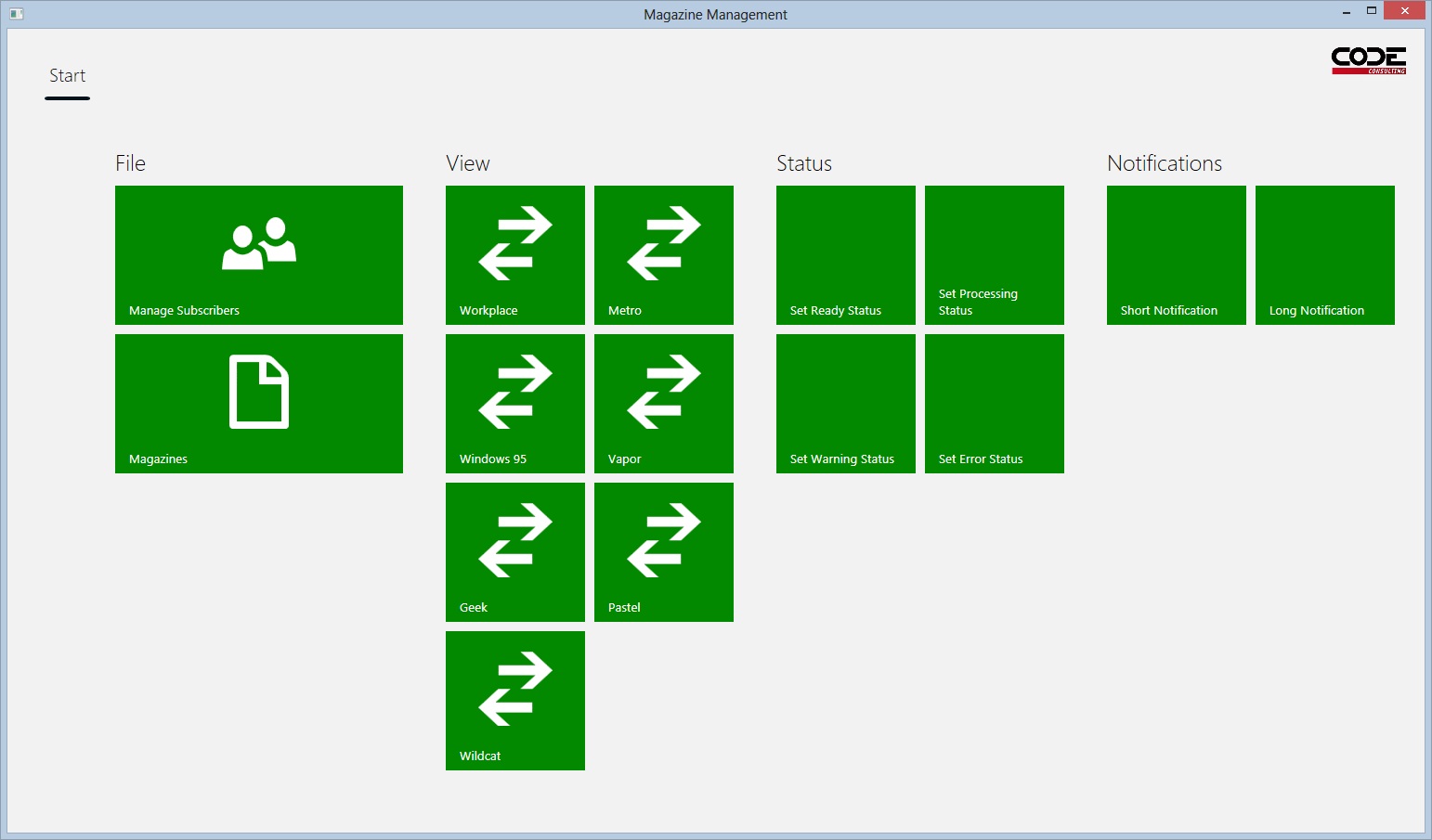Figure 8: The Metro themes start screen shows all actions in typical Metro Tiles, just like the Windows 8 Start Screen.