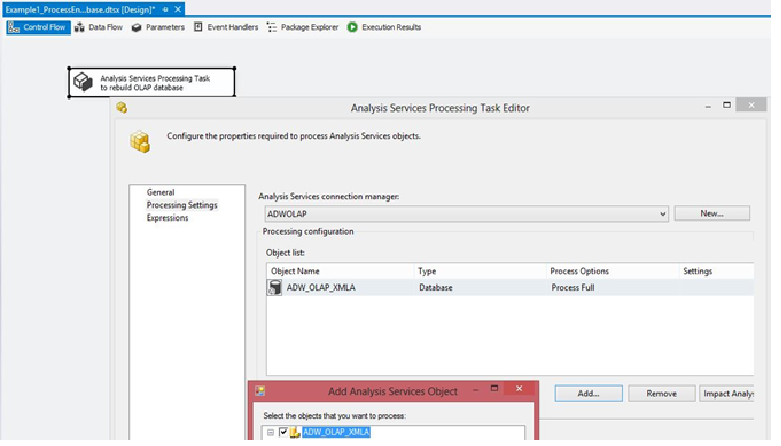 Figure 3: Here is the first look at the SSAS processing command in SSIS, to process the entire OLAP database.