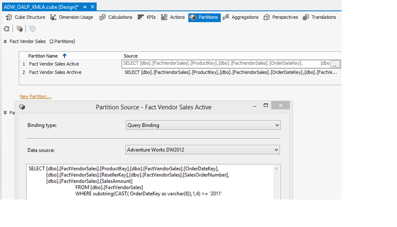 Figure 5: Back in the OLAP cube, here are active and archived partitions for the Vendor Sales table. 