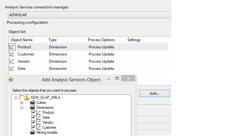 Figure 9: Here is an SSIS Processing task to perform a Process Update on dimensions.
