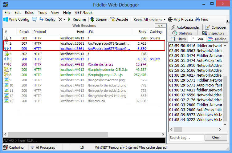 Figure 6: The Fiddler HTTP traffic report shows a side-step to the Local Development STS.