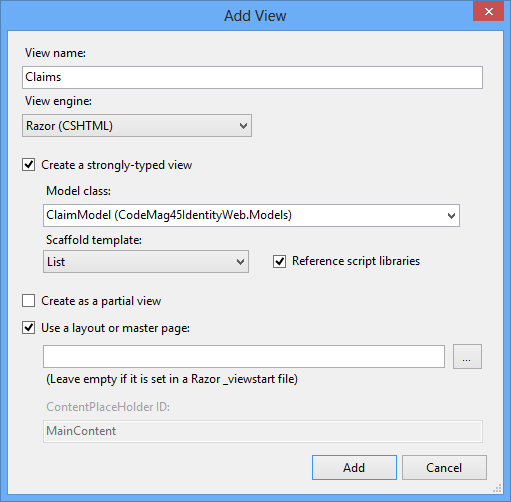 Figure 7: Create a strongly-typed view to display claims.