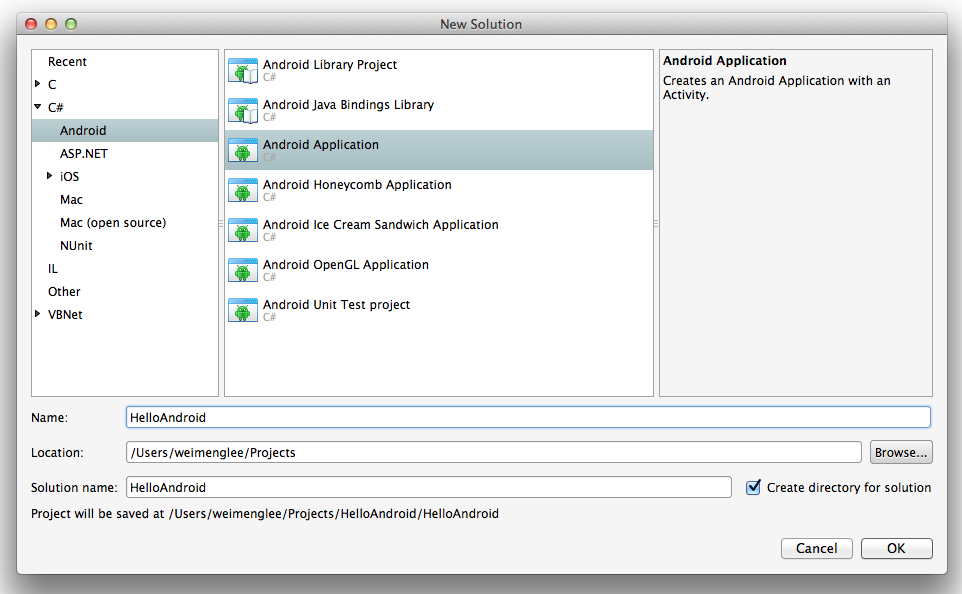Figure 14: Create an Android Application project in Xamarin Studio.
