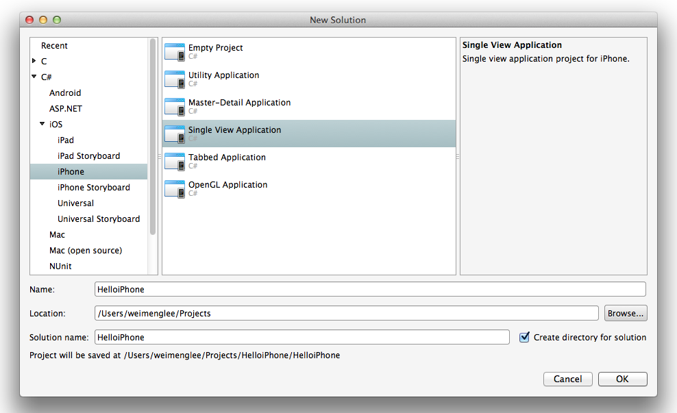 Figure 3: Create an iPhone Single View Application project.