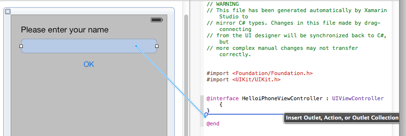 Figure 8: Control-click and drag the Text Field view and drop it over the code editor.
