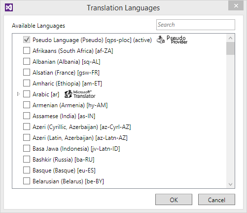 Figure 1: The Translation Languages dialog box helps you choose a language. 