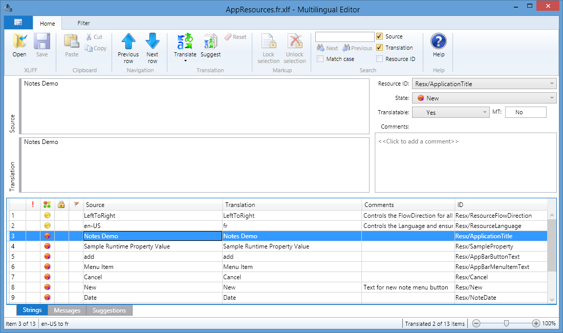 Figure 2: You can see the AppResources.fr.xlf file in the Multilingual Editor.