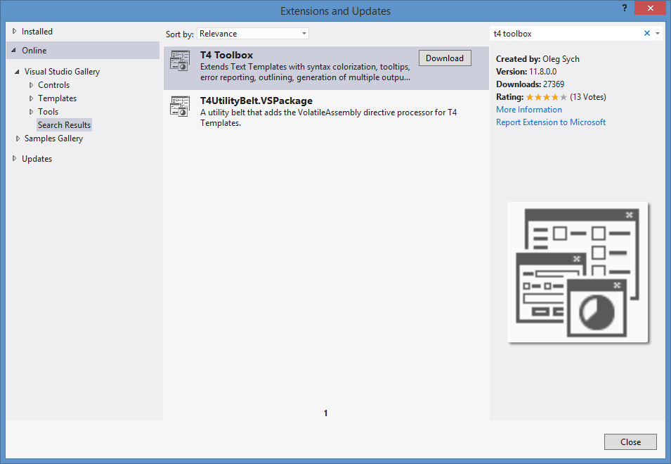Figure 5: Visual Studio makes downloading easy from the Extensions and Updates page.