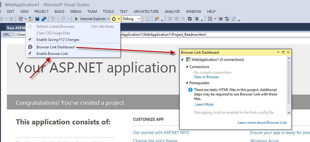 Figure 13: Browser Link creates a direct link between Visual Studio and the browsers you use to develop and test your application.