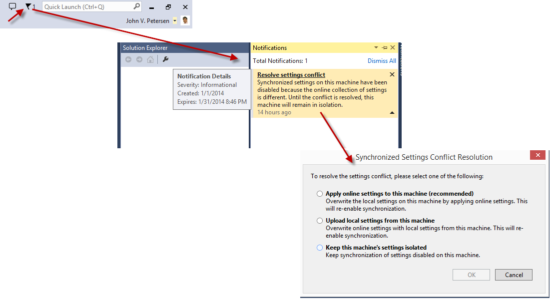 Figure 4: Visual Studio 2013 has an automated and context-sensitive notification system.