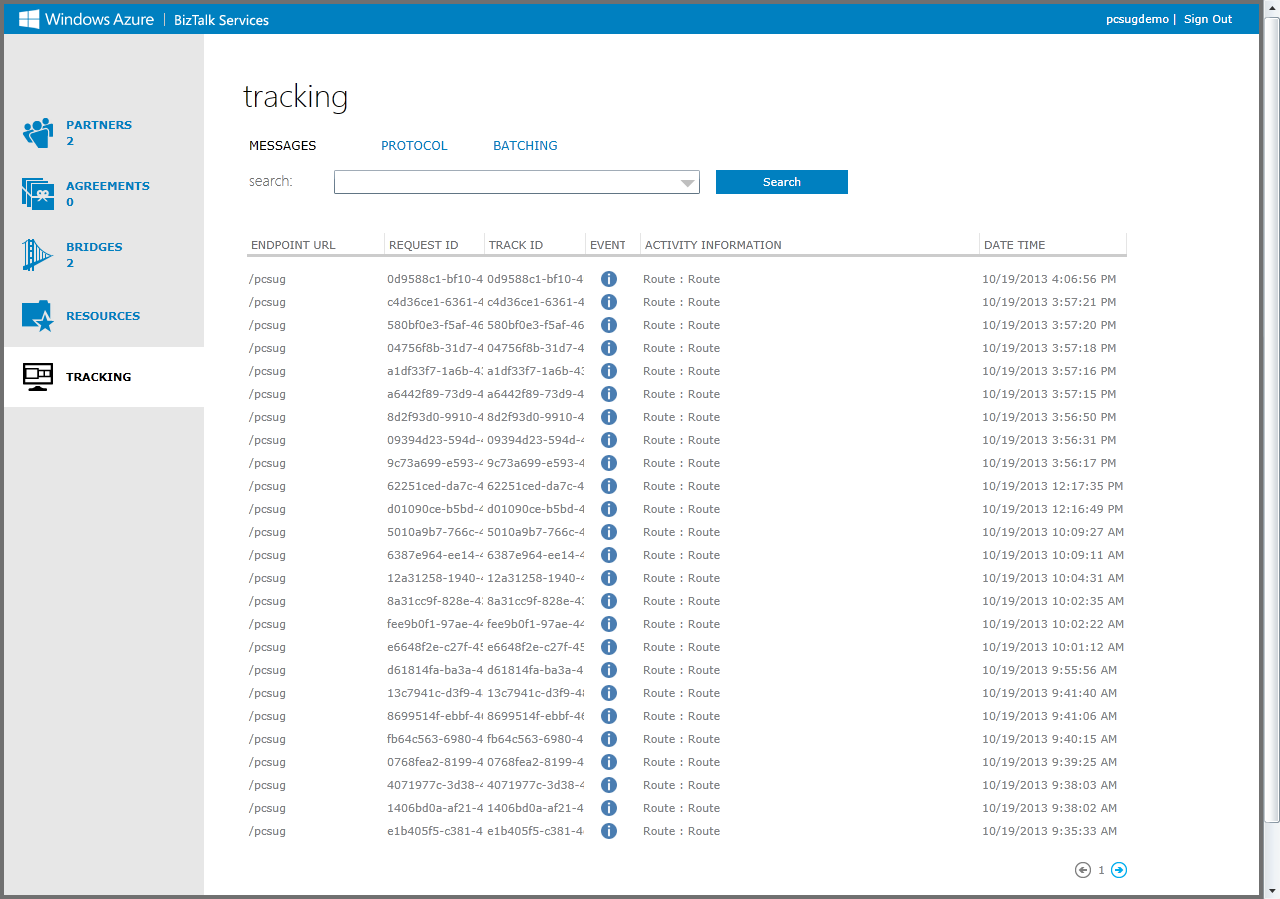 Figure 21: The BizTalk Services portal provides detailed tracking information for tracing processes