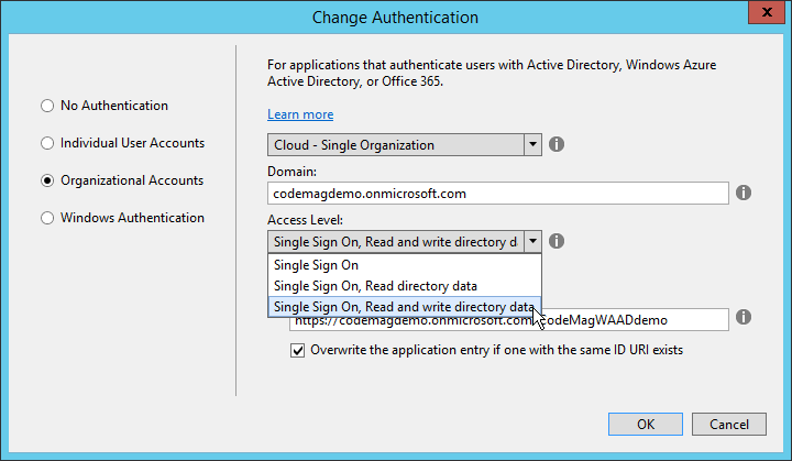 Figure 5: You set authentication with WAAD in this dialog box.