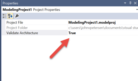 Figure 21: For a Modeling Project to validate on build, the ValidateArchitecture Property must be set to true.