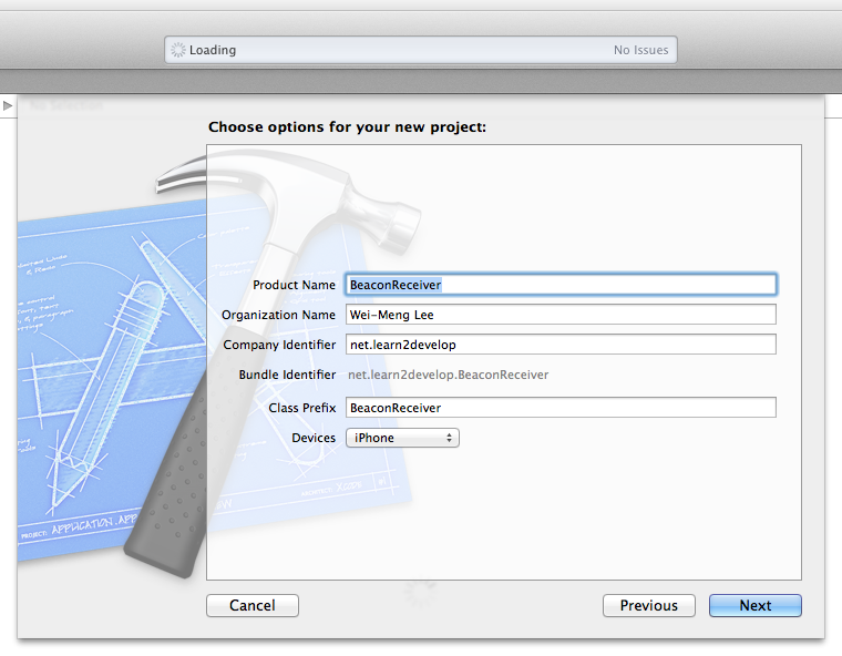 Figure 4: Create the new iPhone project using Xcode 5.