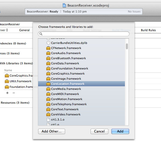 Figure 5: Add the CoreLocation Framework to the project.