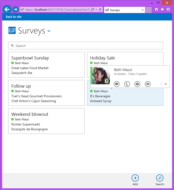 Figure 6: The Person type provides controls that picks up the Lync presence information if the user is signed into Lync, allowing collaboration around data easily. 