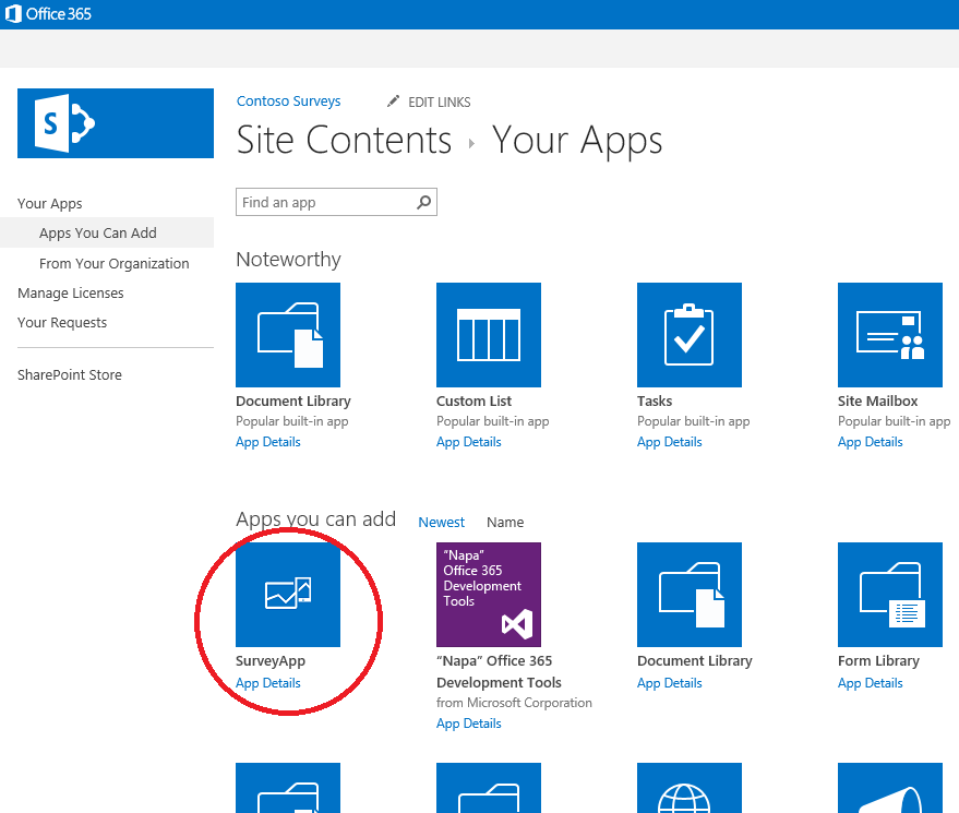 Figure 9: Once deployed and made available in the corporate store, Office 365 users can add the app to their sites.